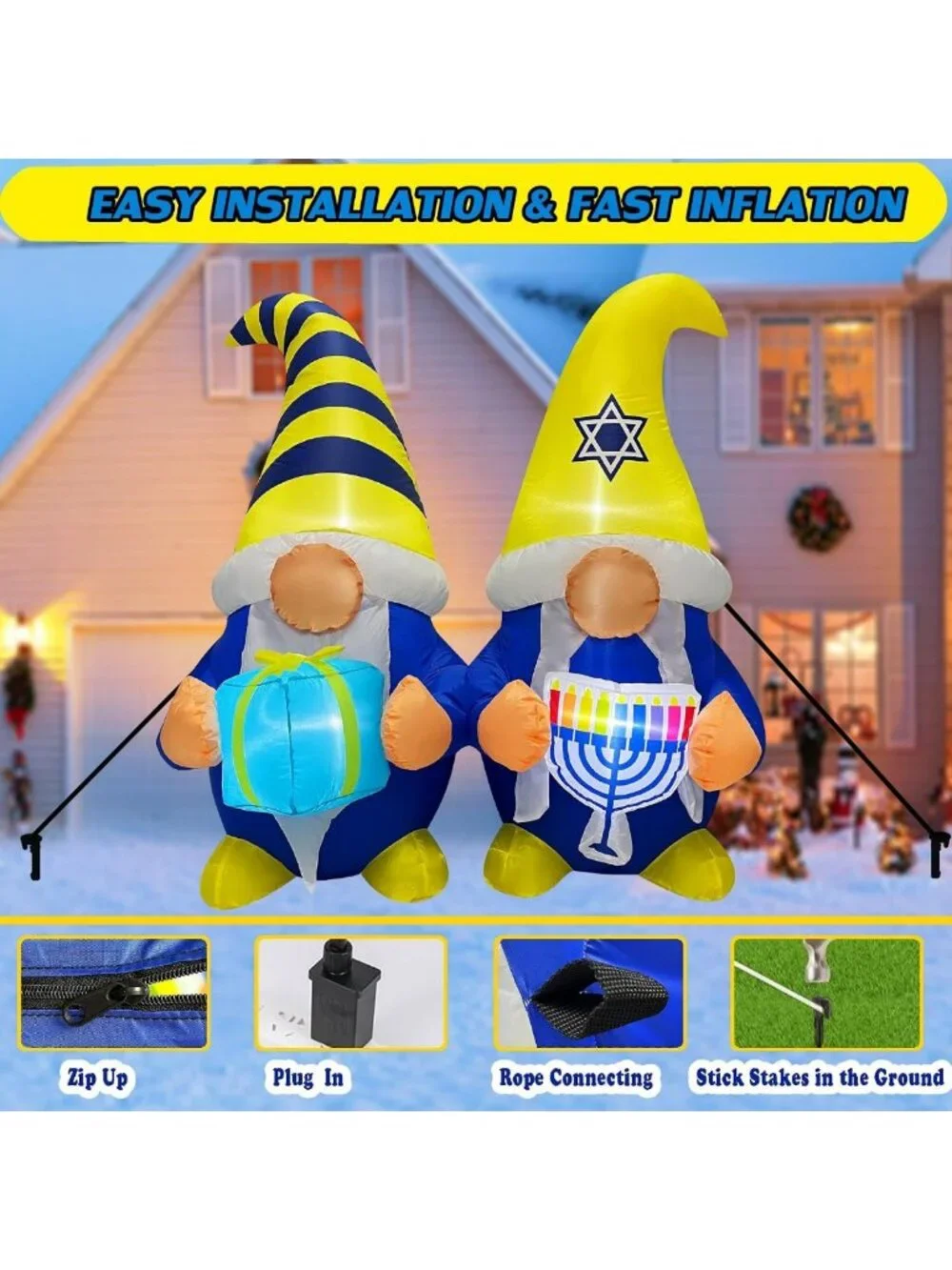 4FT Inflatable Hanukkah Gnomes with Menorah & Gift Box - LED Outdoor Decor